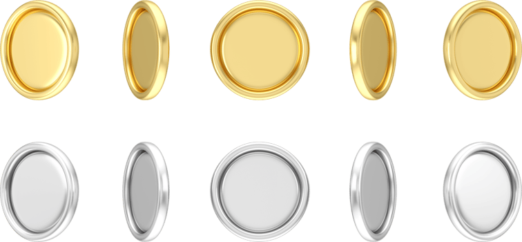 Set of rotating golden and silver coins. Set of spinning gold silver coins in many views rotate in different angles isolated on white background. 3D Rendering png