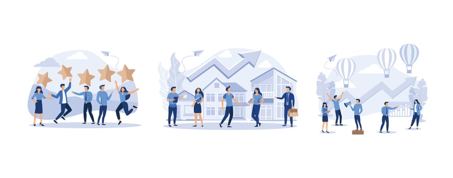 Customer reviews rating, rising real estate market, prepare a business project start up, set flat vector modern illustration