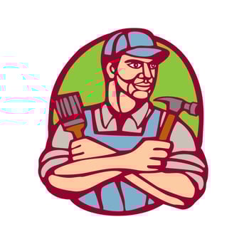 Builder Carpenter Paintbrush Hammer Linocut vector