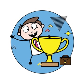 asset of a young businessman cartoon character celebrating success holding a trophy vector