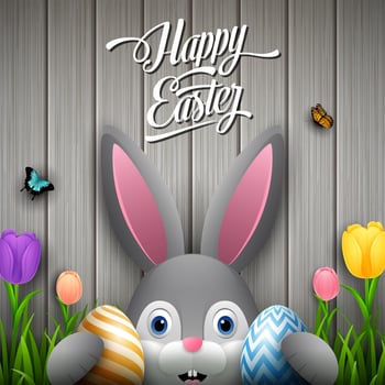 Happy easter with rabbit holding two egg colorful on wooden brown background vector