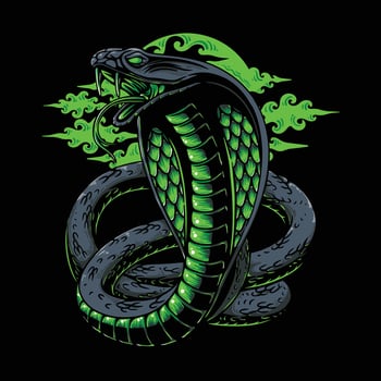 vector illustration colorful creepy cobra with clouds background vintage illustration