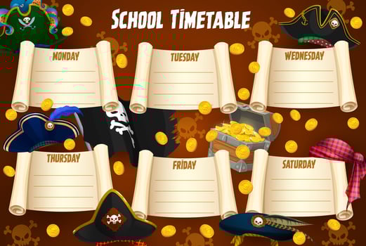 Pirate hats, flag and chest education timetable vector