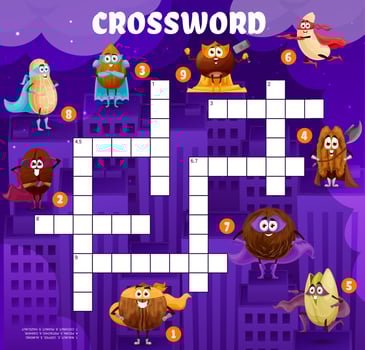 Cartoon nut superhero characters crossword quiz vector