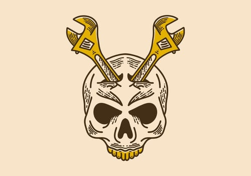 Wrench tool on skull retro vintage line art vector