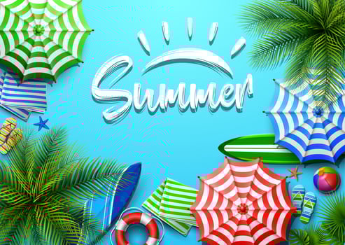 Hello summer time holiday banner. Top view of tropical leaves and beach element collections on sand background vector
