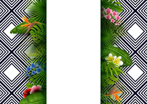 Green summer with tropical leaves and flowers vector