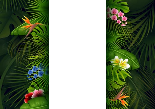 Green summer with tropical leaves and flowers vector