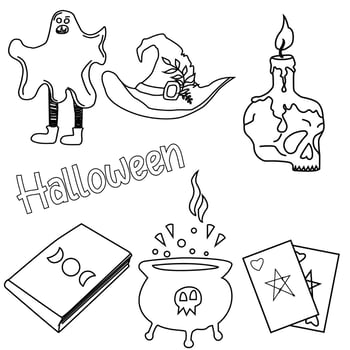 Cute Halloween doodles, Traditional and popular symbols - carved pumpkin, party costumes, witches, ghosts, monsters, vampires, skeletons, skulls, candles, bats vector