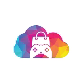 Game shop cloud shape concept vector logo. design. Shopping bag combination joystick icon vector design.