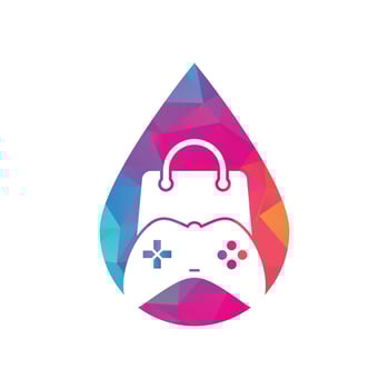 Game shop drop shape concept vector logo. design. Shopping bag combination joystick icon vector design.