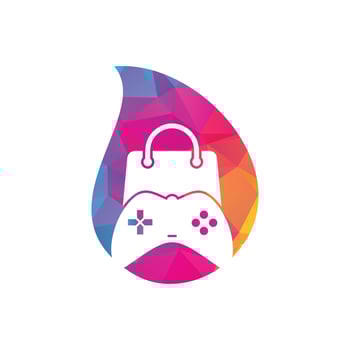 Game shop drop shape concept vector logo. design. Shopping bag combination joystick icon vector design.