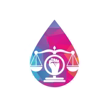 Law fist drop shape concept logo design icon. Justice Scales in Hand logo template design. Revolution justice logo concept. vector
