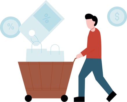 A boy is carrying a shopping trolley. vector