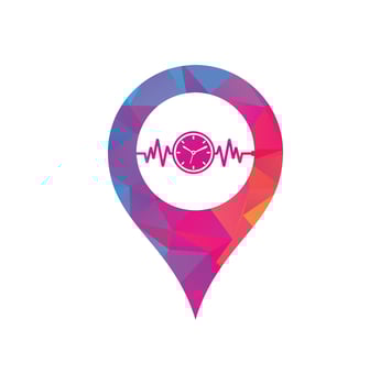 Pulse Time map pin shape concept Logo Template Design Vector. Heart beat and time logo design icon. vector