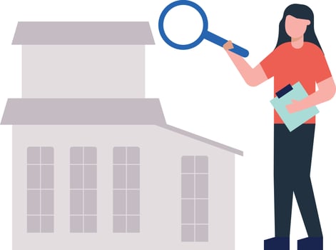Girl looking at house with magnifier. vector