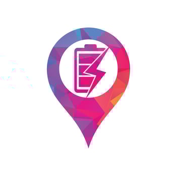 Power Battery map pin shape concept Logo Design Template. Battery power and flash lightning bolt logo icon. vector