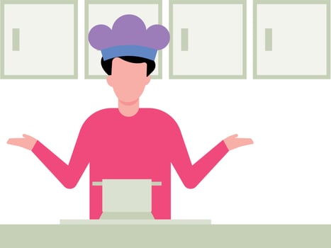 The cook is standing in the kitchen. vector