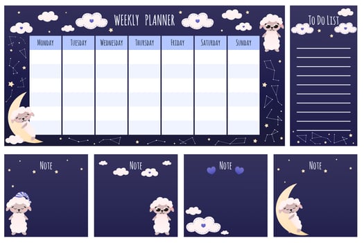 Set of notes and planners for kids with cartoon style animal character - sheep sleeping on moon, stars and clouds around vector