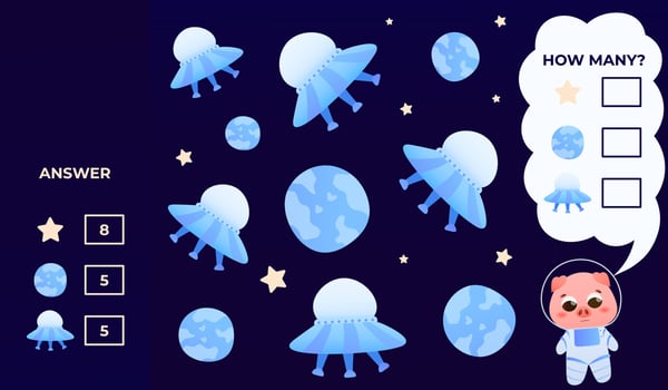 Counting educational game for kids, help astronaut, puzzle for children books or worksheets, explore galaxy vector
