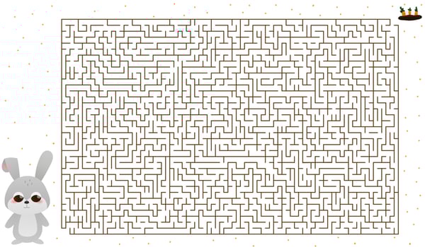 Large kid maze with cute rabbit character in cartoon style, help to find way to carrrot, children book activity, riddle with bunny vector