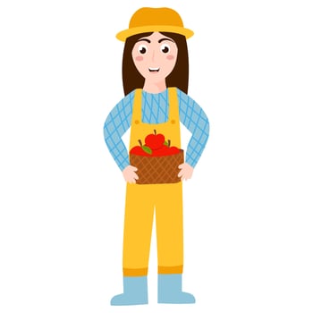 Girl farmer holding basket with ripe apples, gathering harvest in cartoon style isolated on white background, farm or rural lifestyle concept for children books or posters vector