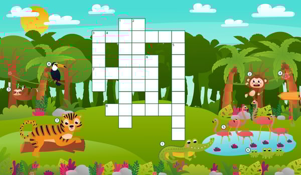 Printable tropical summer crossword worksheet for kids with jungle animals and landscape, wildlife and nature vector
