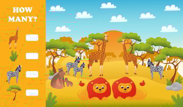 Printable educational worksheet for kids with how many puzzle, safari desert animals wildlife with cute lions vector