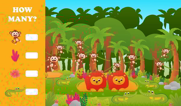 Printable educational worksheet for kids with how many puzzle, tropical jungle animals wildlife with cute monkey vector