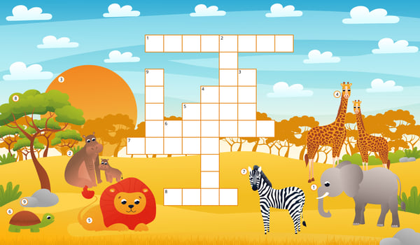 Printable summer crossword worksheet for kids with safari animals and landscape, african wildlife and nature vector
