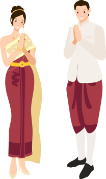 Thai wedding couple greeting in traditional light creme khaki suit and red golden dress png