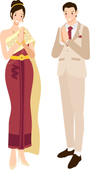 Thai wedding couple greeting in traditional light creme khaki suit and red golden dress png