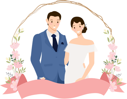 cute young wedding couple in blue suit in cherry blossom wreath flat style png