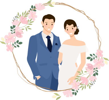 cute young wedding couple in blue suit in cherry blossom wreath flat style png