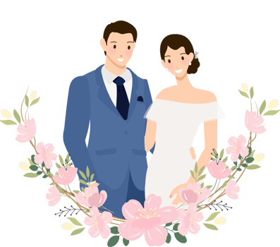 cute young wedding couple in blue suit in cherry blossom wreath flat style png