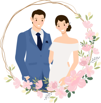 cute young wedding couple in blue suit in cherry blossom wreath flat style png