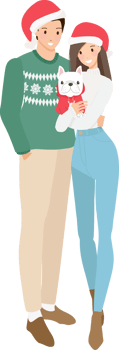 cute happy young couple in Christmas sweater costume with dog  flat style png