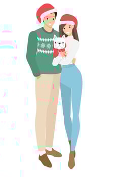 cute happy young couple in Christmas sweater costume with dog  flat style vector illustration