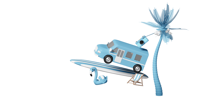 blue car van with beach chair, flamingo, ball, coconut palm tree,  surfboard, umbrella, camera isolated. 3d summer travel concept, 3d render illustration png