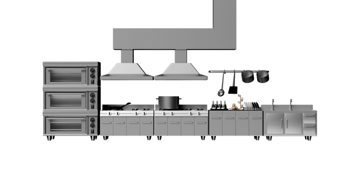 3d restaurant kitchen. modern industrial kitchen with equipment concept, 3d render illustration png