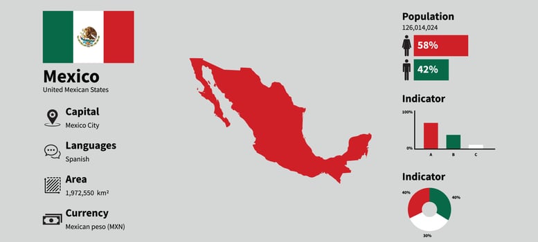 Mexico infographic vector illustration with accurate statistical data. Mexico country information map board and Mexico flag