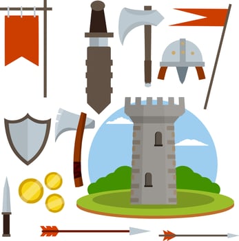 Medieval set of item. European castle with tower, shield, sword, red flag, tournament, arrow, bow, quiver, helmet of Viking. Historical subject. Cartoon flat illustration. Old armor and knight weapons vector