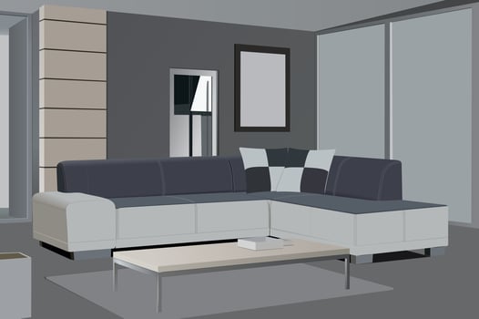Living room realistic design with modern home theater system. Interior background with furniture lounge and sofa vector illustration.