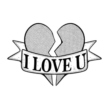 I love u with broken heart Illustration hand drawn cartoon sketch lineart vintage style vector