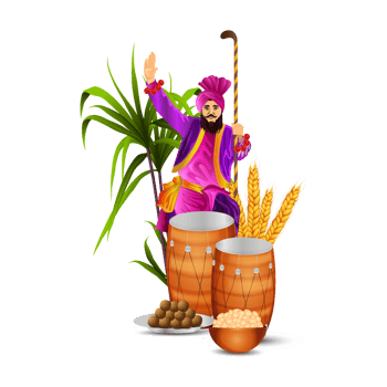 Happy vaisakhi design with wheat and drum png
