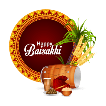 Happy vaisakhi design with wheat and drum png