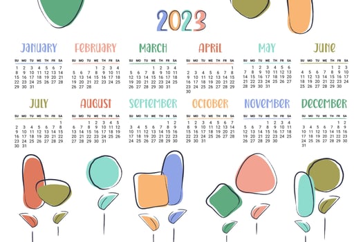Calendar 2023. Horizontal modern monthly planner with abstract flowers, plants. Week starts on Sunday. Organizer template.Vector flat illustration for print vector