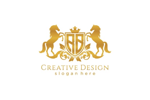 initial RB Retro golden crest with shield and two horses, badge template with scrolls and royal crown - perfect for luxurious branding projects vector