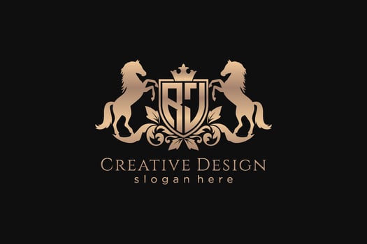 initial RJ Retro golden crest with shield and two horses, badge template with scrolls and royal crown - perfect for luxurious branding projects vector