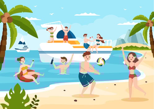Yachts Template Hand Drawn Cartoon Flat Illustration with People Dancing, Sunbathing, Drinking Cocktails and Relaxing on Cruise Yacht at Ocean vector